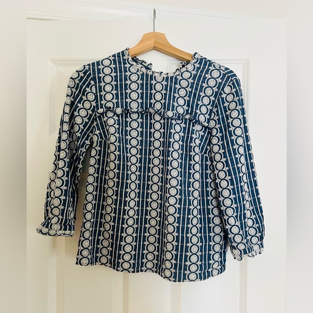 Boden Kristie Broderie Top Chambray Embroidered Top Keyhole Back US 6 Blue White